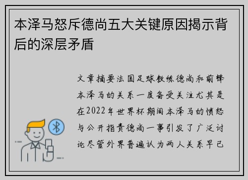 本泽马怒斥德尚五大关键原因揭示背后的深层矛盾