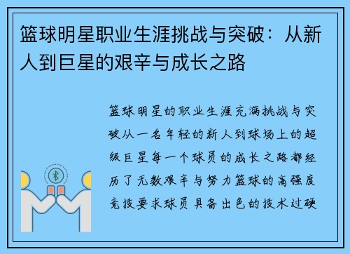 篮球明星职业生涯挑战与突破：从新人到巨星的艰辛与成长之路