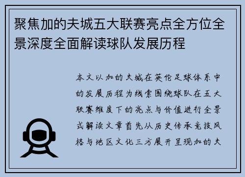 聚焦加的夫城五大联赛亮点全方位全景深度全面解读球队发展历程