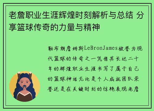 老詹职业生涯辉煌时刻解析与总结 分享篮球传奇的力量与精神
