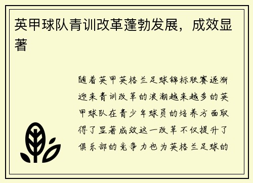 英甲球队青训改革蓬勃发展，成效显著