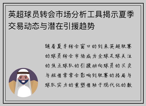 英超球员转会市场分析工具揭示夏季交易动态与潜在引援趋势