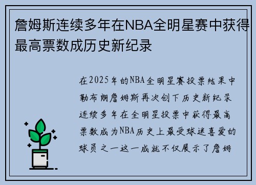詹姆斯连续多年在NBA全明星赛中获得最高票数成历史新纪录